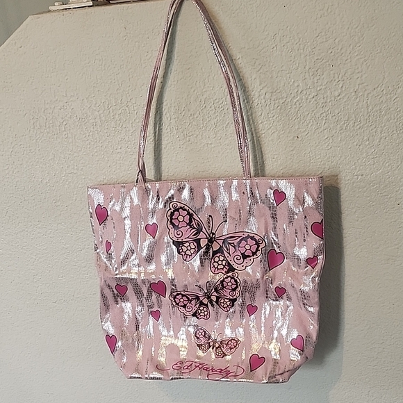 Ed Hardy Pink and Silver Butterfly Heart Tote - Picture 2 of 12